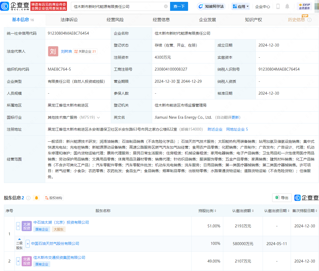 中国石油与佳木斯市交通投资集团合资成立新时代能源公司，布局新能源领域